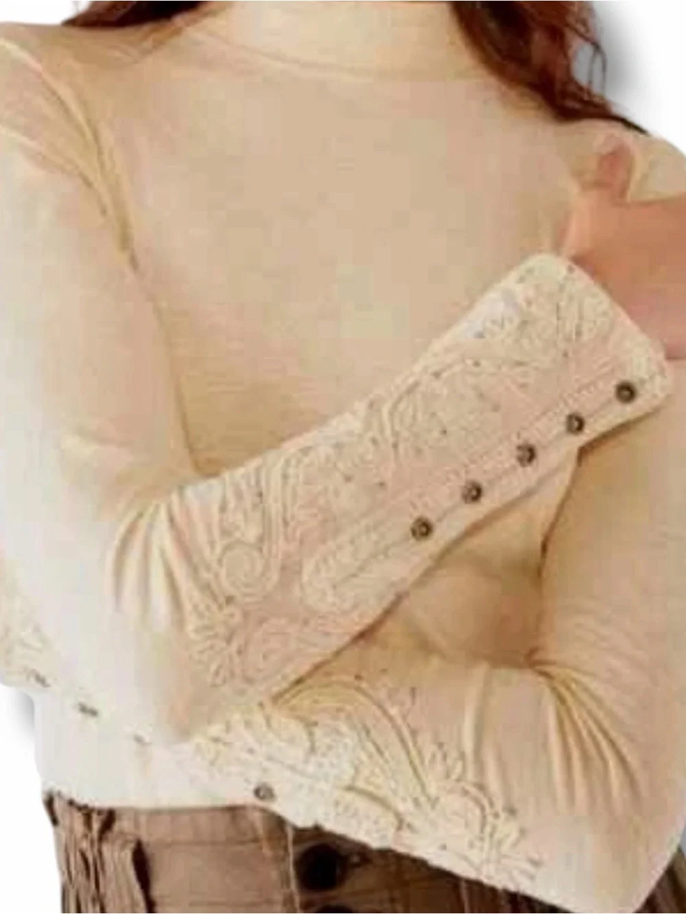 Free People We The Free Hooked On You Embroidered Cuff Top Size Large Wheat